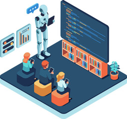 Isometric AI Robot Teacher Teaching Coding Class to Students