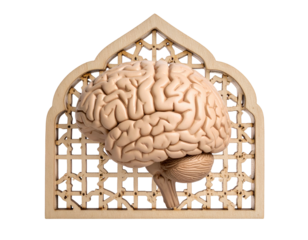 Human brain within an ornate archway, symbol of intellect and religion
