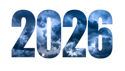 Year "2023" rendered with a stormy sky filling each digit