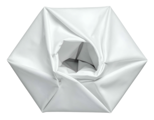 White, folded, hexagonal shape with a central aperture