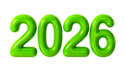 Shiny green 2026 digits on black backdrop, isolated, future-themed