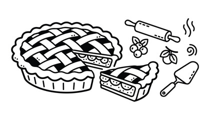 Apple pie with berries spatula rolling pin on transparent background line art © GoDesigner