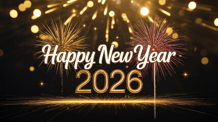 A festive New Year's greeting card design for 2026 with a black background decorated with golden bokeh lights and fireworks