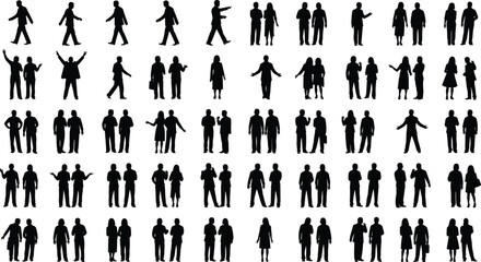 Set of diverse summer silhouettes of adults in swimwear and casual clothing, posing in various beach and leisure actions.