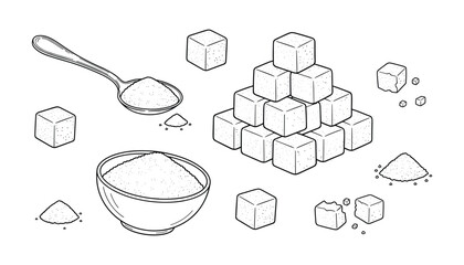 Hand drawn sugar cubes and powder with spoon and bowl in doodle style isolated