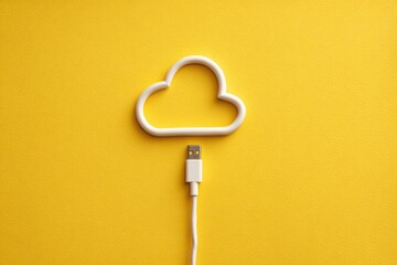 A white cloud icon, outlined on a yellow background, with a white USB cable extending from the cloud