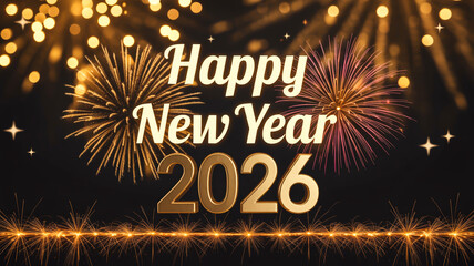 A festive New Year's greeting card design for 2026 with a black background decorated with golden bokeh lights and fireworks