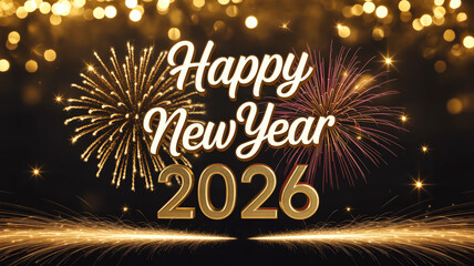 A festive New Year's greeting card design for 2026 with a black background decorated with golden bokeh lights and fireworks
