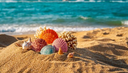 Vibrant summer beach scene with colorful seashells and coral pieces arranged on warm sand under bright sunlight, creating a fresh tropical background with cheerful coastal mood.