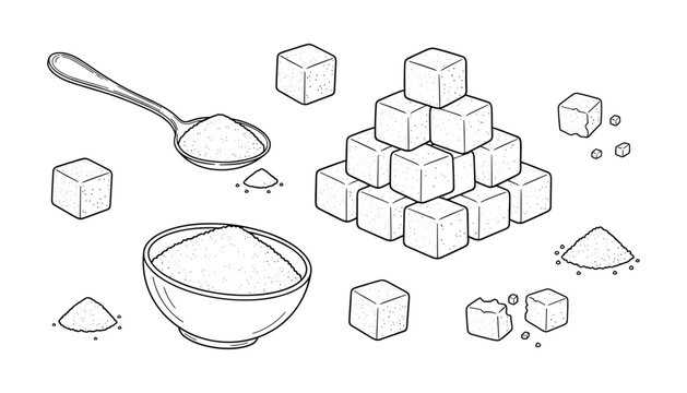 Hand drawn sugar cubes and powder with spoon and bowl in doodle style isolated