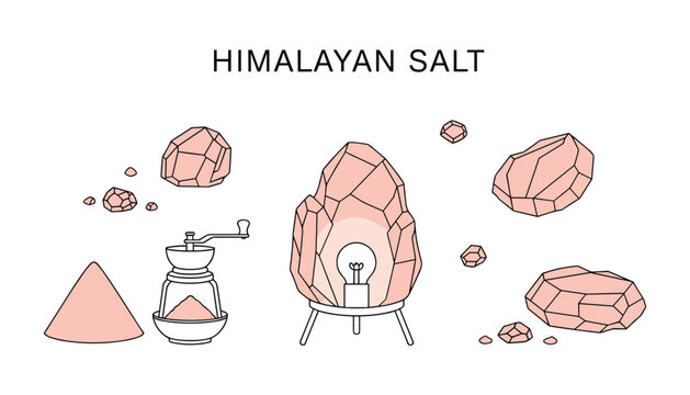 Himalayan salt lamp and crystals vector illustration with grinder isolated on background