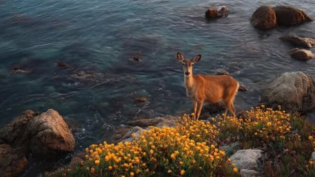 A graceful wild deer stands attentively on a rugged, rocky coastline, observing its serene surroundings. The deep blue-green ocean water gently laps against the shore, with large textured rocks partia