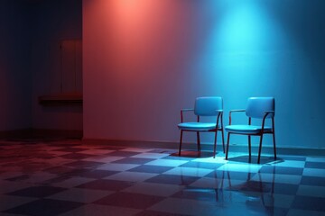 Empty waiting room bathed in vibrant light