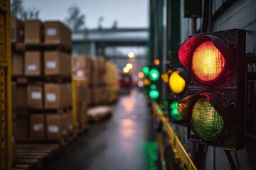 Industrial traffic lights on a rainy day