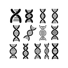 A diverse collection of black DNA helix icons in various styles on a white background, representing genetic structure.