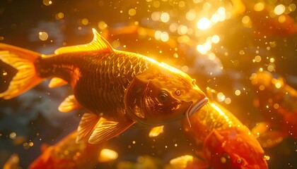 Close-up of several orange koi swimming in water, illuminated by a warm, golden sunlight creating a bokeh effect