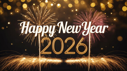 A festive New Year's greeting card design for 2026 with a black background decorated with golden bokeh lights and fireworks