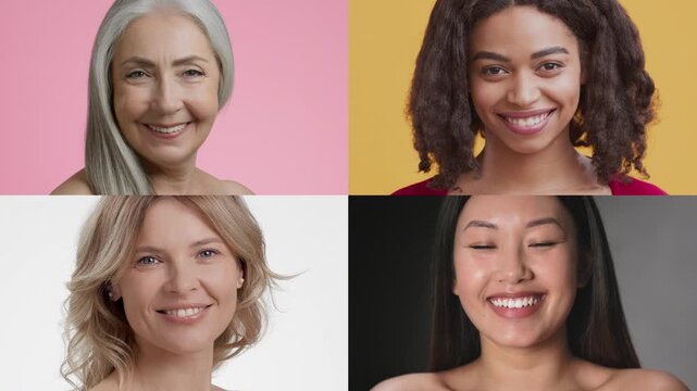 Four women with different hairstyles and skin tones express beauty in a colorful collage. Each woman radiates confidence, highlighting the importance of skin care and self-pampering.