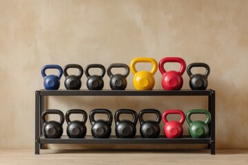 Kettlebells on a metal shelf