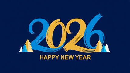 A modern New Year greeting design with the number 2026 in a stylized blue and gold color scheme against a deep navy blue background.