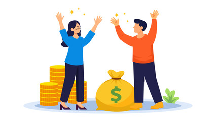 Two business people celebrating financial prosperity next to a large money bag and stacks of gold coins, symbolizing profitability and investment returns