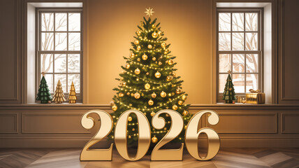 A warm, interior holiday scene featuring a large decorated Christmas tree in the center, flanked by two tall windows with white trim.