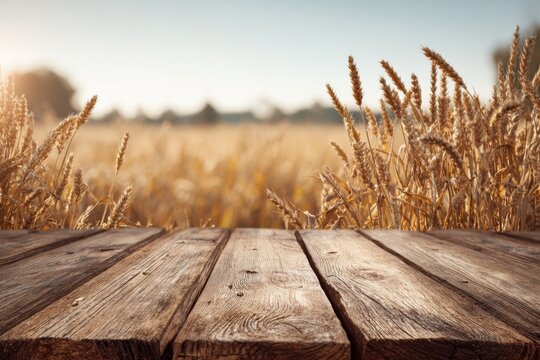 Rustic wooden table in golden wheat field