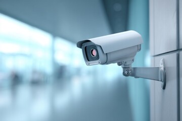 Security camera mounted on a wall in a modern building
