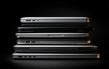 Stack of laptops on dark background