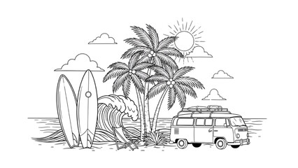 Minimalist Black and White Beach Scene with Surfboards, Palm Trees and Vintage Van