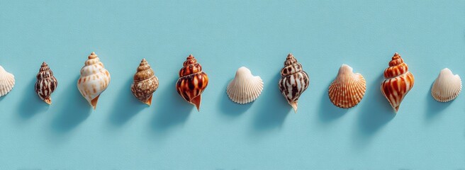 Colorful seashells arranged in a row on a light blue background