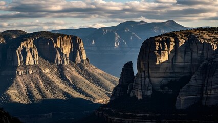 Towering canyon cliffs rise from a deep valley, illuminated by dramatic light and shadow. The layered rock walls highlight scale and geological complexity.
