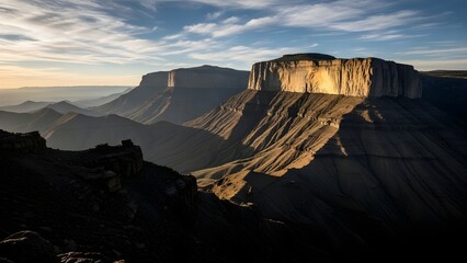 A sunlit mountain plateau rises above surrounding valleys, with rugged cliff edges and layered rock formations.
