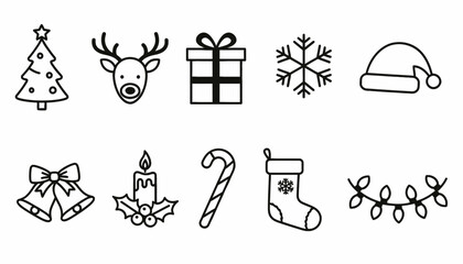 Christmas Icons Set Black Outline – Holiday, Winter, and Xmas Symbols Vector © AMSA OZA