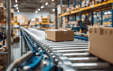 Cardboard box on a conveyor belt in a warehouse