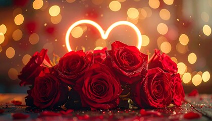 Close-up of lush red roses arranged on a surface, with a glowing heart and golden bokeh background