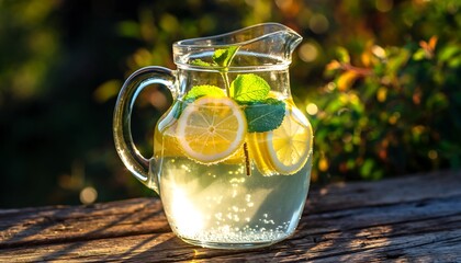 Refreshing iced citrus water with floating lemon slices and mint leaves inside a glass pitcher, sparkling highlights creating a fresh, clean, and healthy summer drink scene.