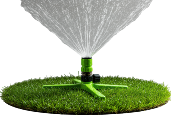 A lime-green plastic sprinkler spraying water on lush green grass against a white background, concept of garden irrigation and efficiency