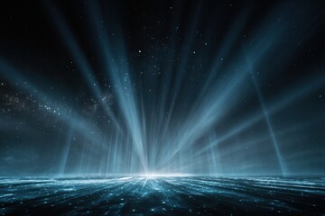Digital night sky landscape with light beams