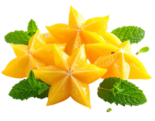 Yellow star-shaped fruits with fresh green mint leaves on black