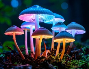 A grouping of vibrant, bioluminescent fungi glowing in a dark, forest-like setting. The caps display multicolored lighting