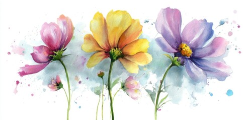 Watercolor painting of three cosmos flowers in vibrant colors