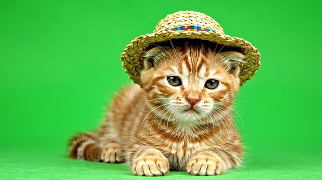 A cute orange kitten wearing a straw hat on green background