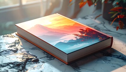 A hardcover book rests on a marble surface. The cover depicts a picturesque landscape scene with mountains and a sunset. Soft light