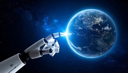 Futuristic image features a robotic arm's digit touching a glowing Earth against a starry background. The world showcases illuminated city lights