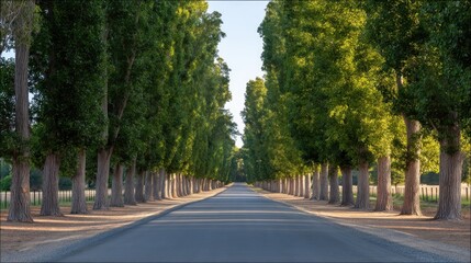 Serene Tree-Lined Road Surrounded by Lush Greenery Under Clear Blue Sky Perfect for Nature Lovers and Outdoor Enthusiasts Seeking Tranquility