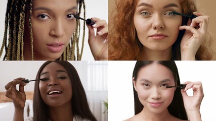 Four women with different hairstyles focus on applying mascara as part of their self care routines. The cozy setting highlights beauty and pampering in a relaxed atmosphere.