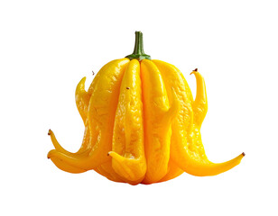 Bright yellow pepper with unique, ornate lobes on a black background