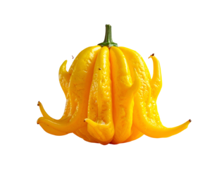 Bright yellow pepper with unique, ornate lobes on a black background
