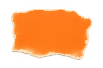 Orange torn paper scrap or ripped memo note on transparent background with rough edges and texture
